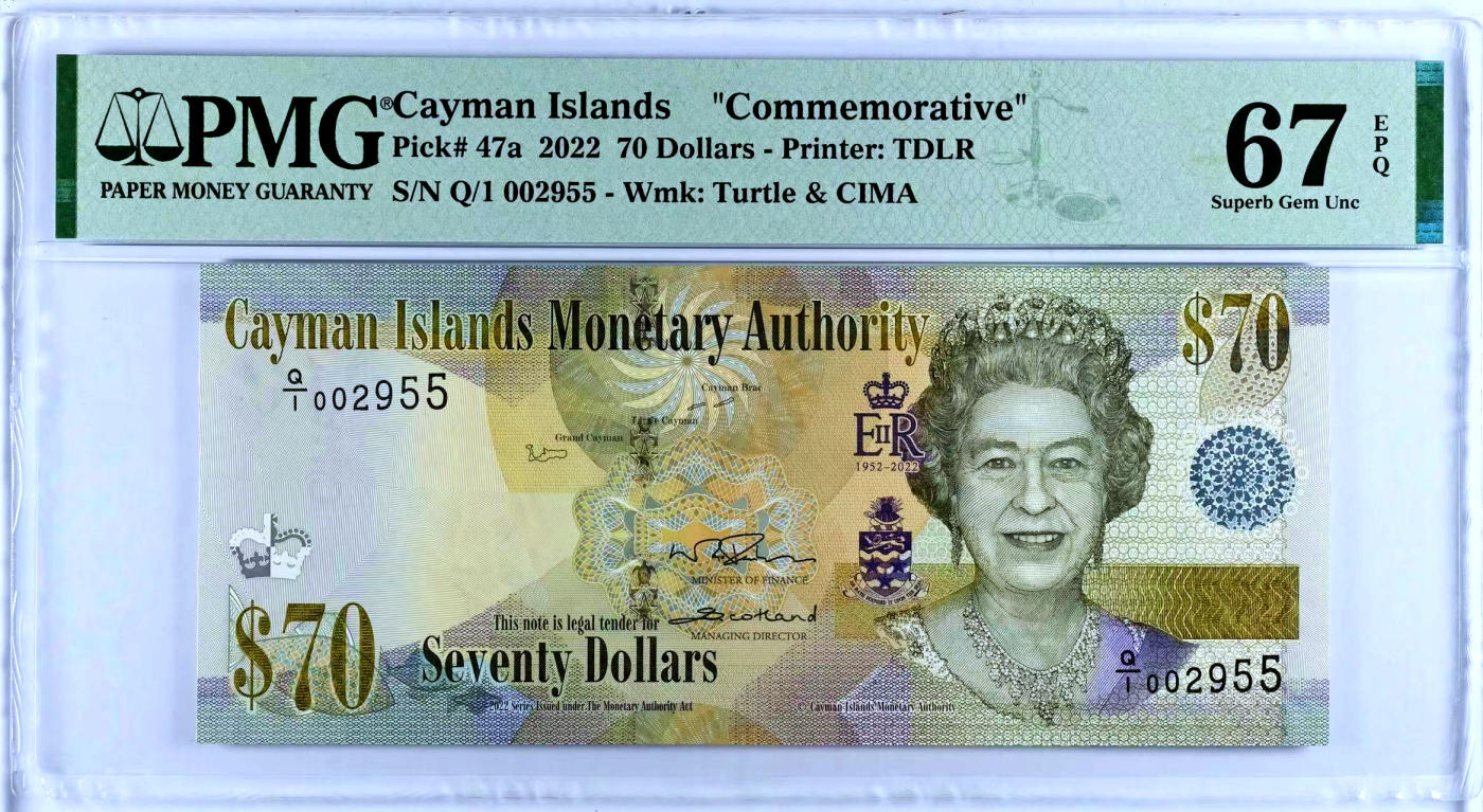 【Blue Auction】✨世界纸币精拍第473期【精】  【首发冠无47 千位小号】开曼 2022年70元 女王 PMG67EPQ 高分 