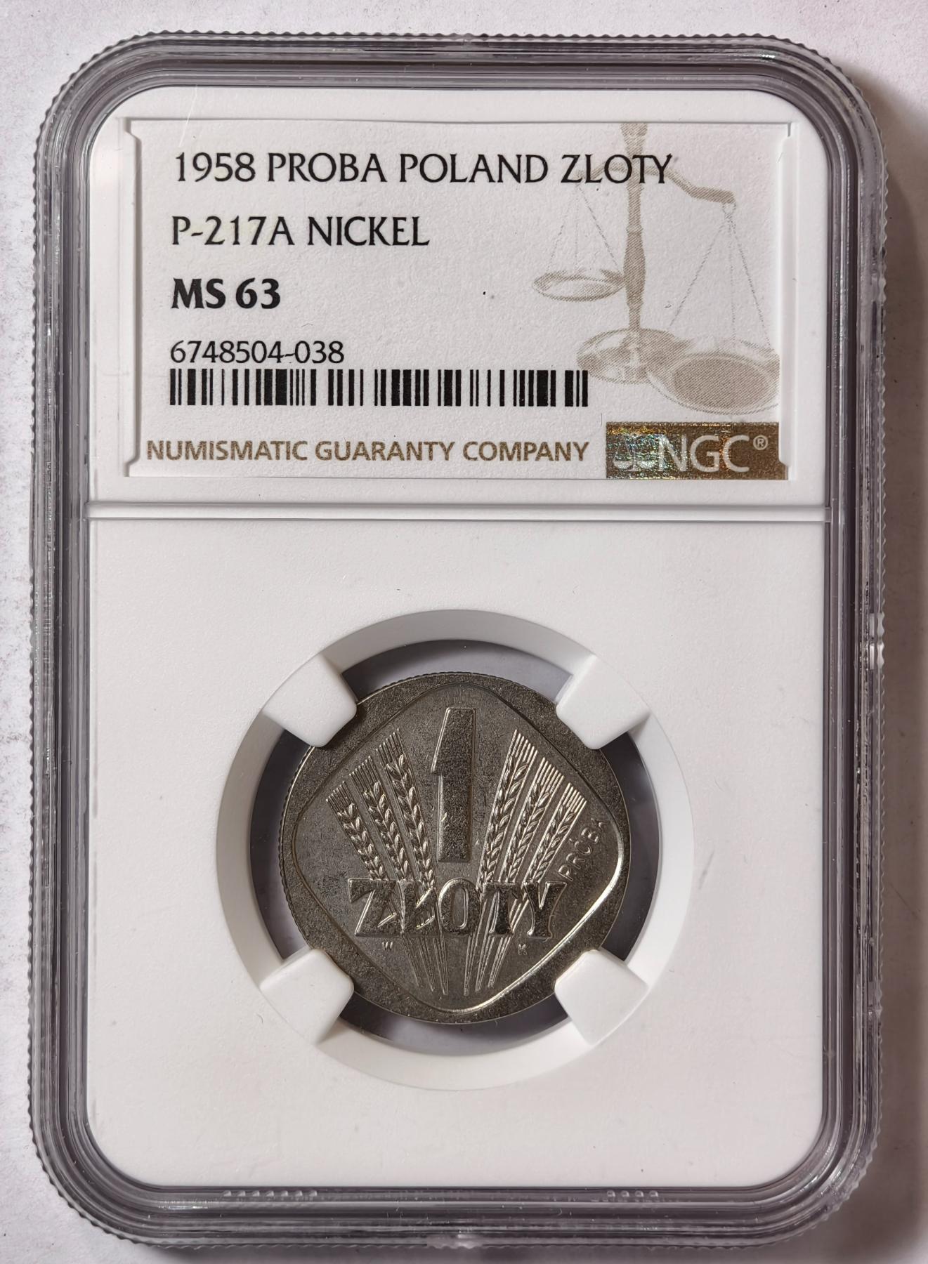 紫瑗钱币——第346期拍卖 波兰 1958年 钻石谷物样币 1兹罗提 镍币 NGC MS63 (KM P-217a)