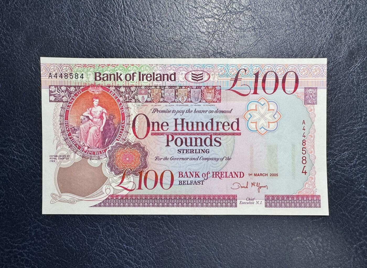 收藏联盟Quantum Auction 第345期拍卖  北爱尔兰2005年100镑首发A冠 品相全新UNC 贝尔法斯特女王大学