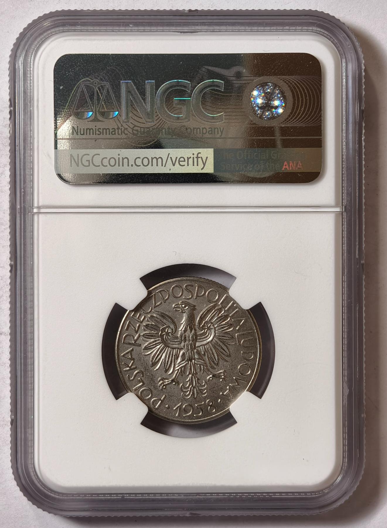 紫瑗钱币——第346期拍卖 波兰 1958年 钻石谷物样币 1兹罗提 镍币 NGC MS63 (KM P-217a)