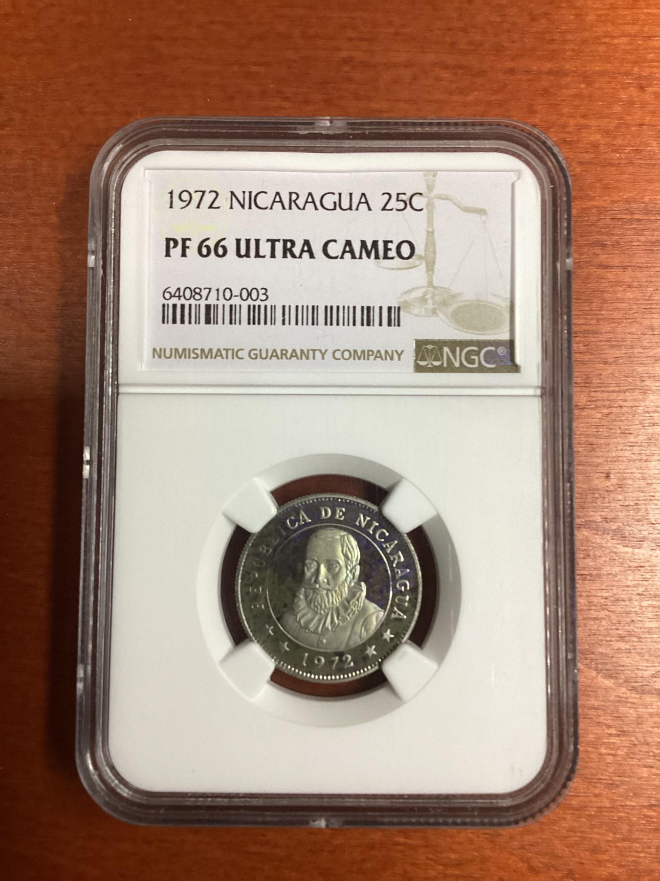 长老汇龙年精选第四场 1972 尼加拉瓜25分精制镍币，NGC PF66UC，更高分仅有11枚