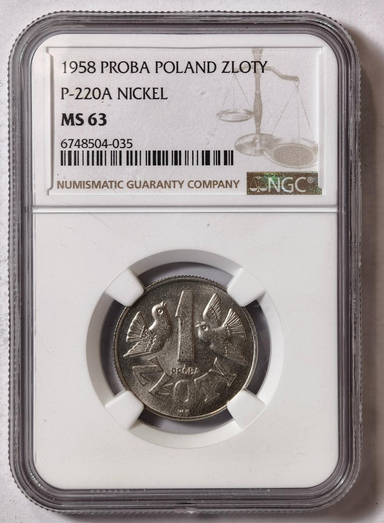 紫瑗钱币——第346期拍卖 波兰 1958年 双鸽样币 1兹罗提 镍币 NGC MS63 (KM P-220a)