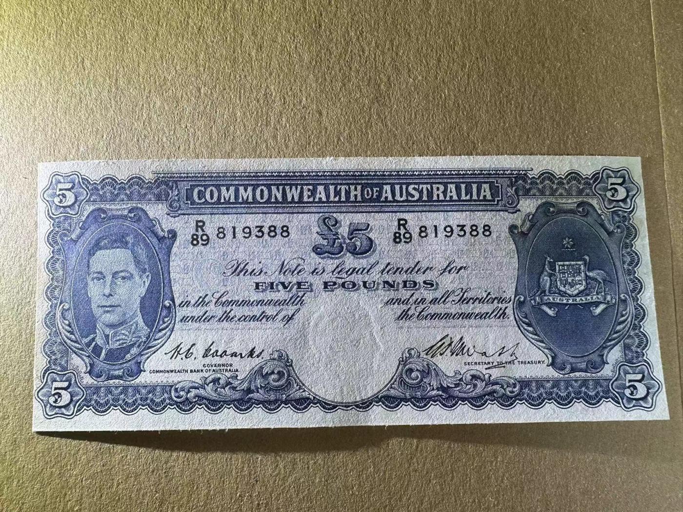 【Blue Auction】✨世界纸币精拍第473期【精】 【88尾无47】澳大利亚 1952年5镑 英王乔六 品相如图