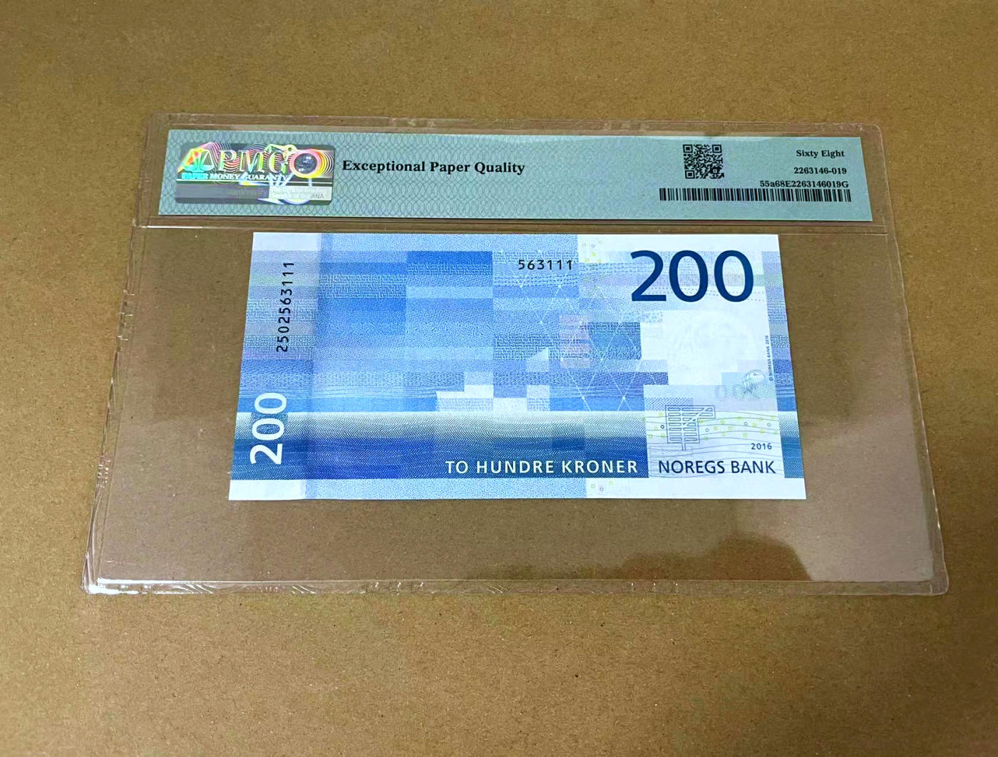 【Blue Auction】✨世界纸币精拍第473期【精】 【111豹子号无47】挪威 2016年200克朗 PMG68EPQ 超高分