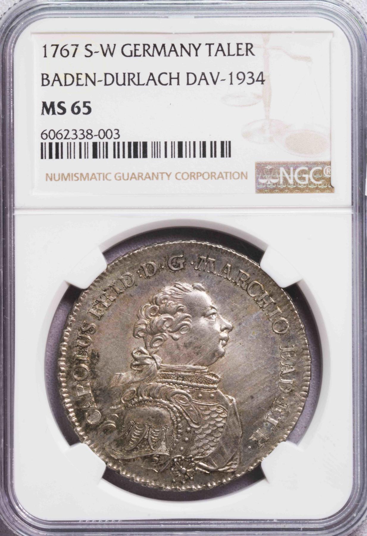 NGC-MS65 1767德国巴登杜拉赫狮鹫泰勒大银币 唯一冠军 稀少完美