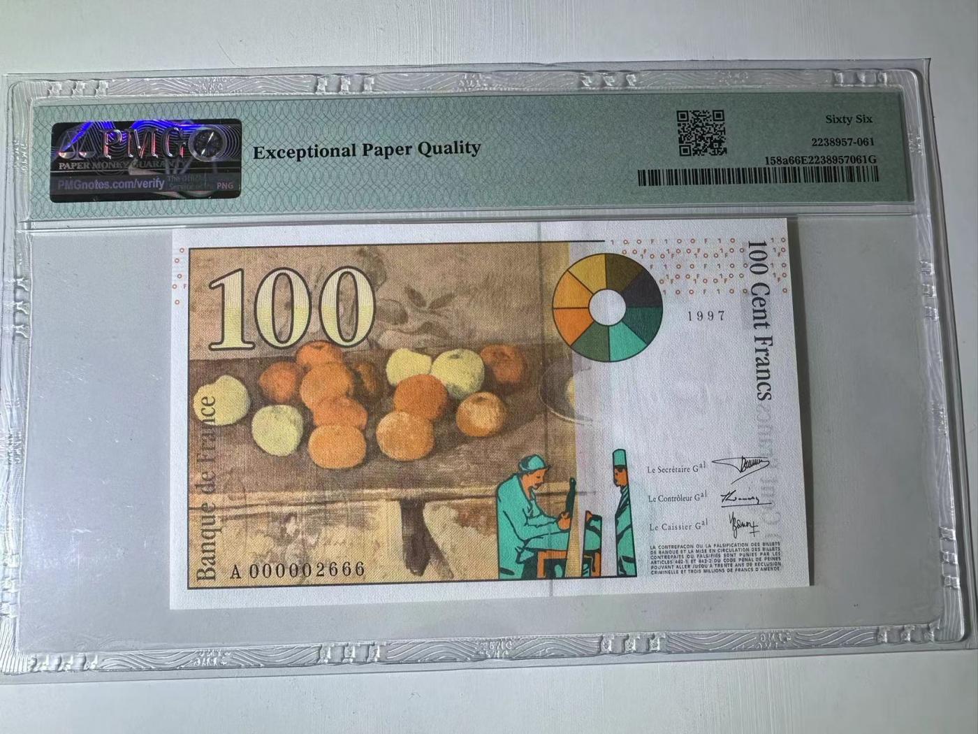 【Blue Auction】✨世界纸币精拍第473期【精】 【A冠千位小号 666豹子号无47】法国 1997年100法郎 PMG66EPQ 