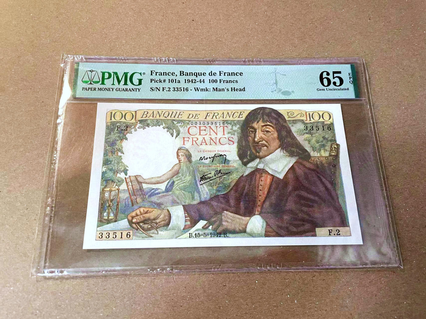 【Blue Auction】✨世界纸币精拍第473期【精】 【无47】法国 1942年100法郎 笛卡尔 PMG65EPQ 