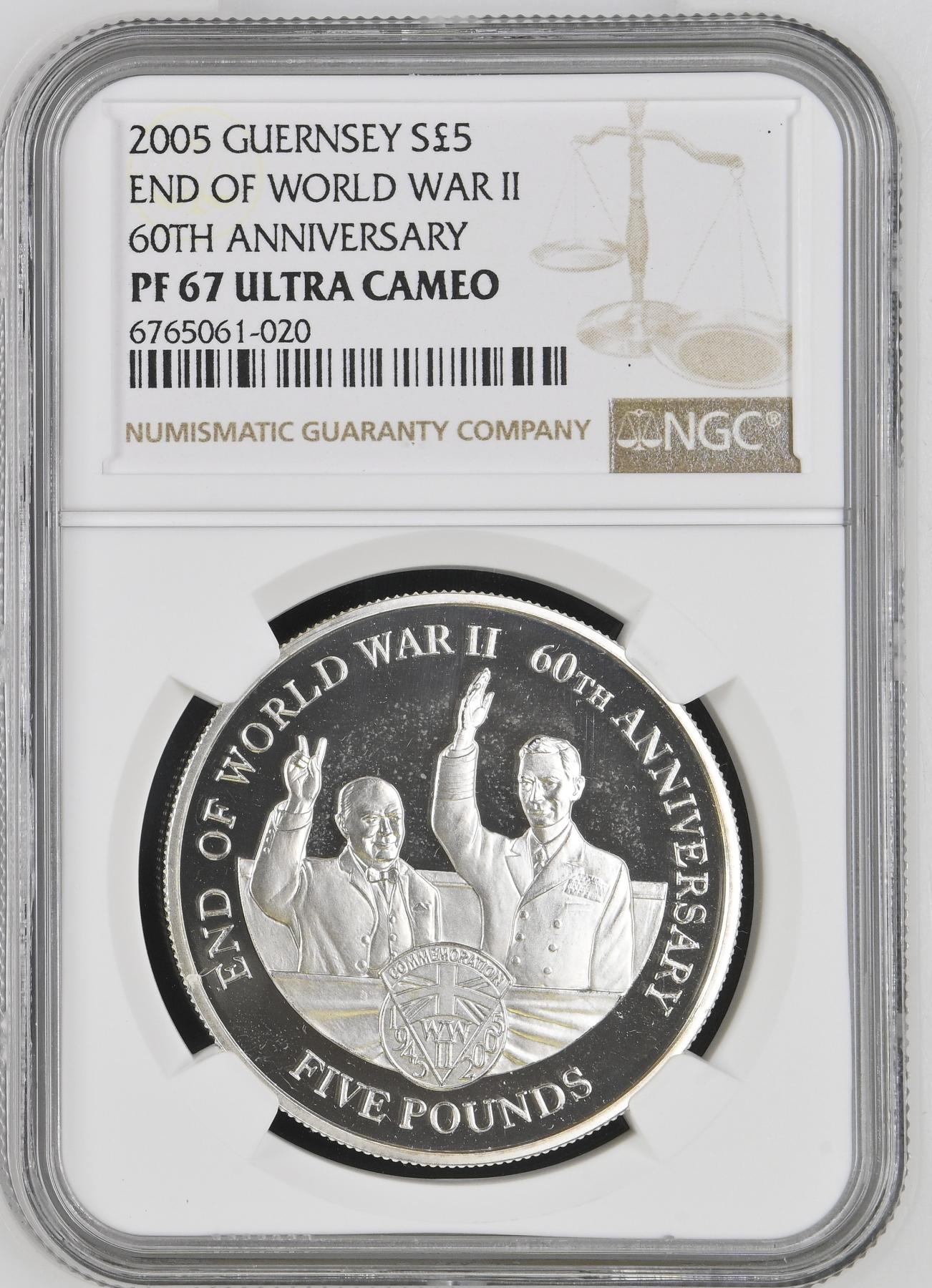 长老汇龙年精选第四场 2005根西二战结束60周年5镑精制银币，NGC PF67UC，唯一亚军分，更高分仅有1枚 