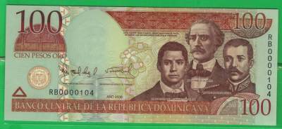 多米尼加2006年100比索 三位小号 数三 0000狮子头 P-117a 美洲纸币 实物图 UNC - 多米尼加2006年100比索 三位小号 数三 0000狮子头 P-117a 美洲纸币 实物图 UNC
