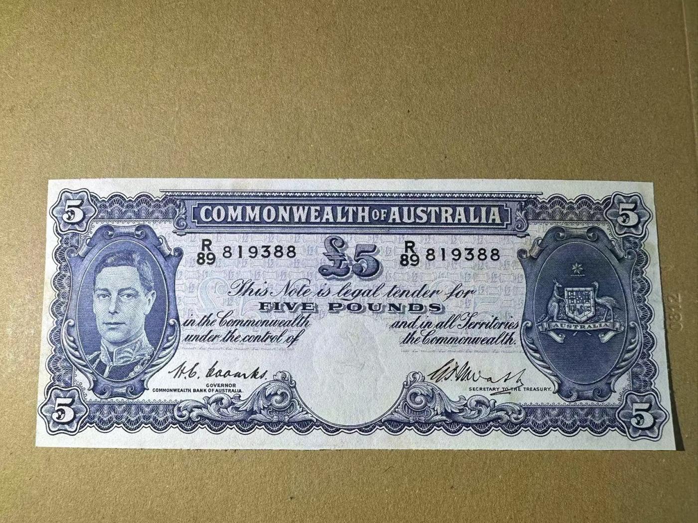 【Blue Auction】✨世界纸币精拍第473期【精】 【88尾无47】澳大利亚 1952年5镑 英王乔六 品相如图