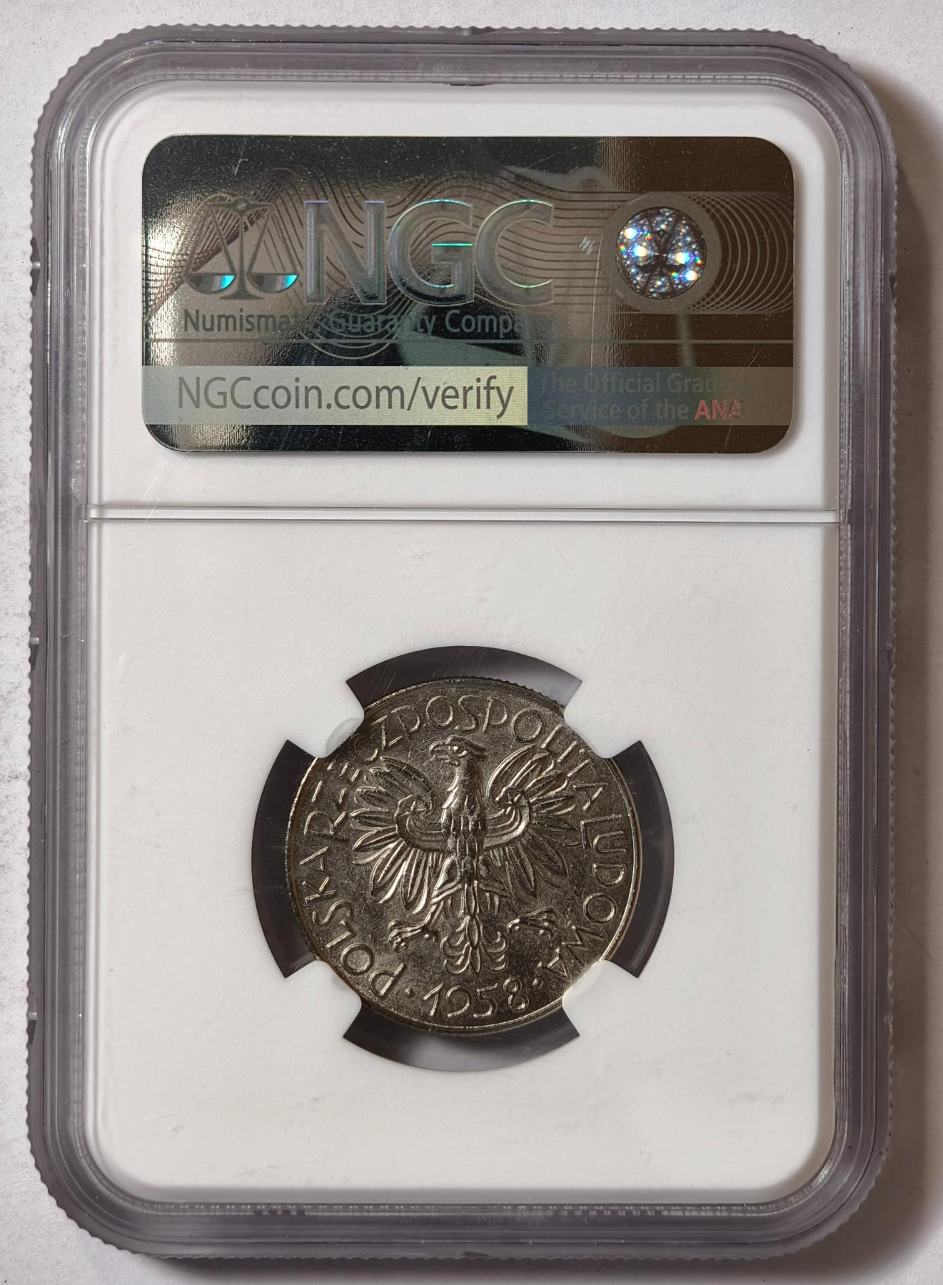 紫瑗钱币——第346期拍卖 波兰 1958年 谷物样币 1兹罗提 镍币 NGC MS63 (KM P-218a)