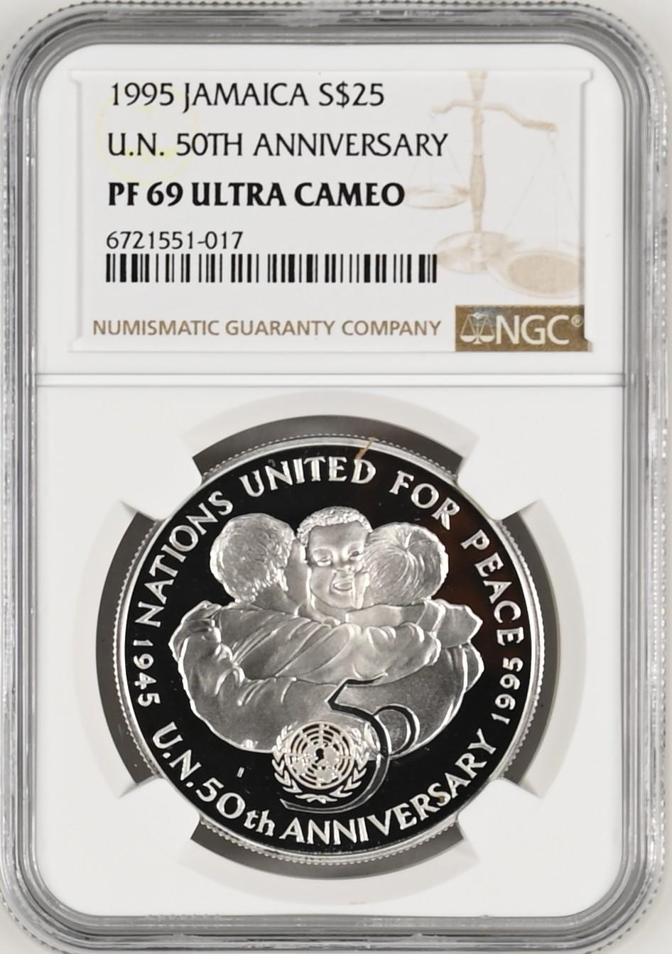 长老汇龙年精选第四场 1995 牙买加联合国成立50周年25元精制银币，NGC PF69UC，更高分仅有3枚