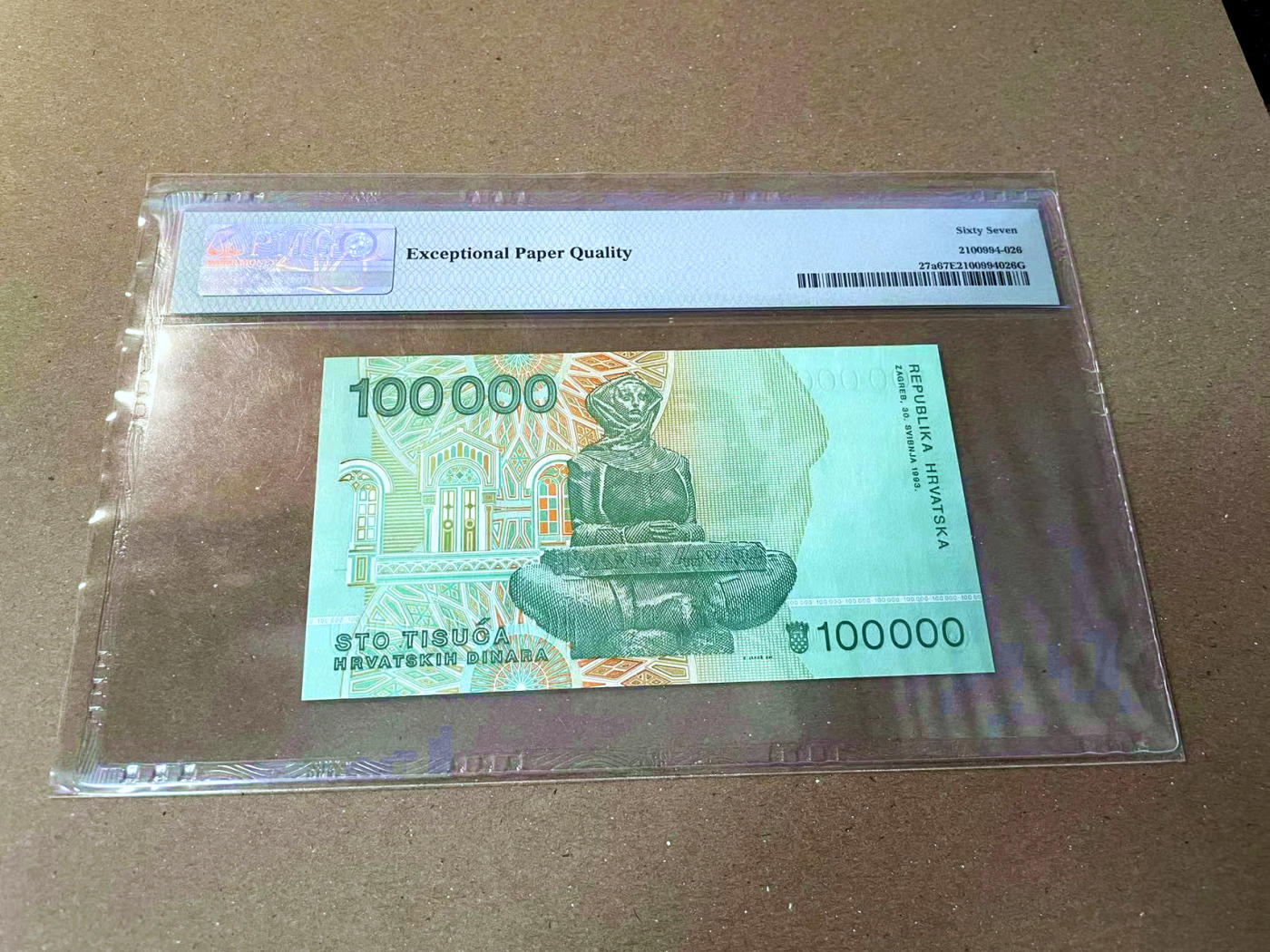 【Blue Auction】✨世界纸币精拍第473期【精】 【无47】克罗地亚 1993年10万第纳尔 PMG67EPQ 高分