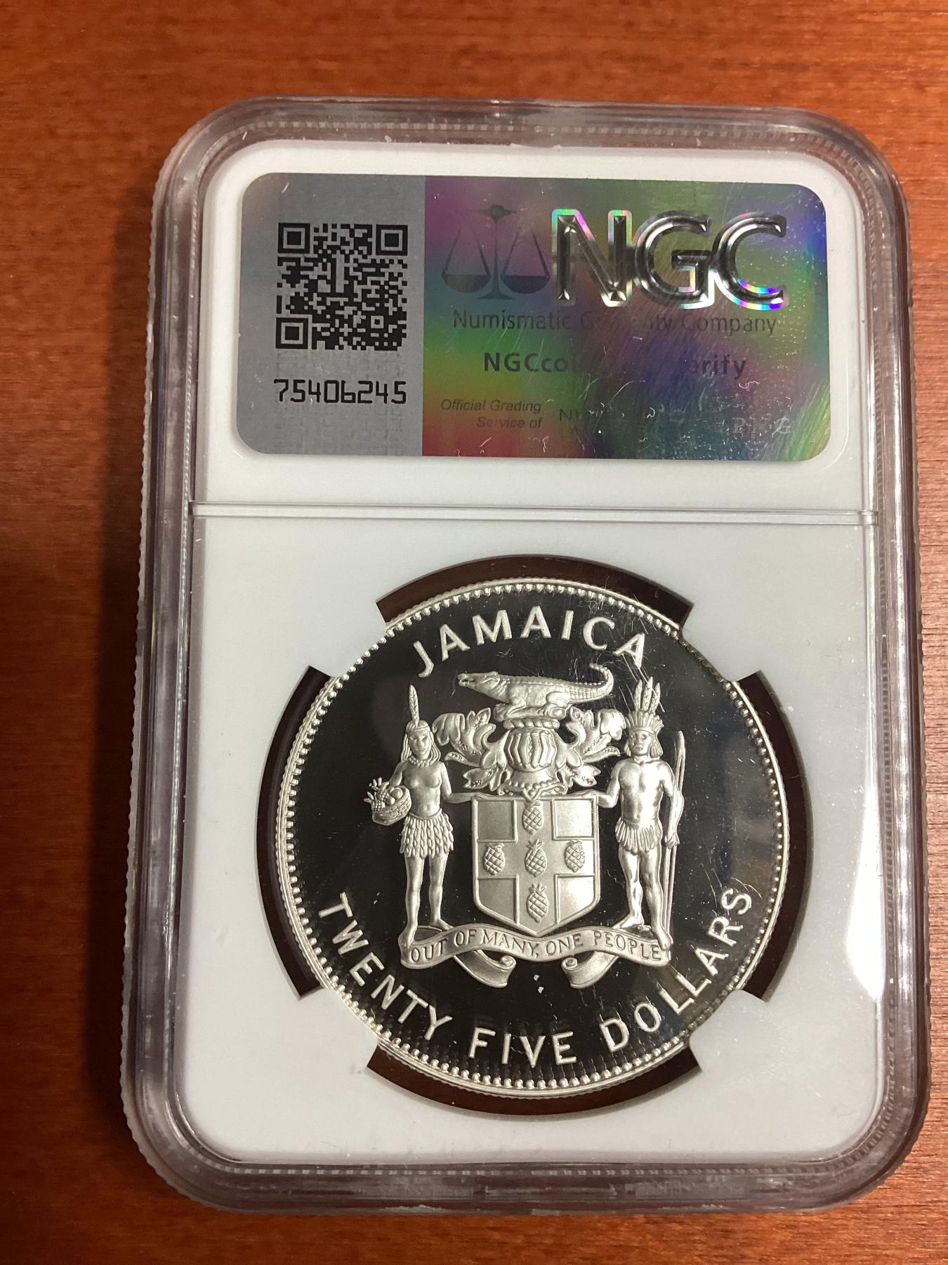 长老汇龙年精选第四场 1995 牙买加联合国成立50周年25元精制银币，NGC PF69UC，更高分仅有3枚