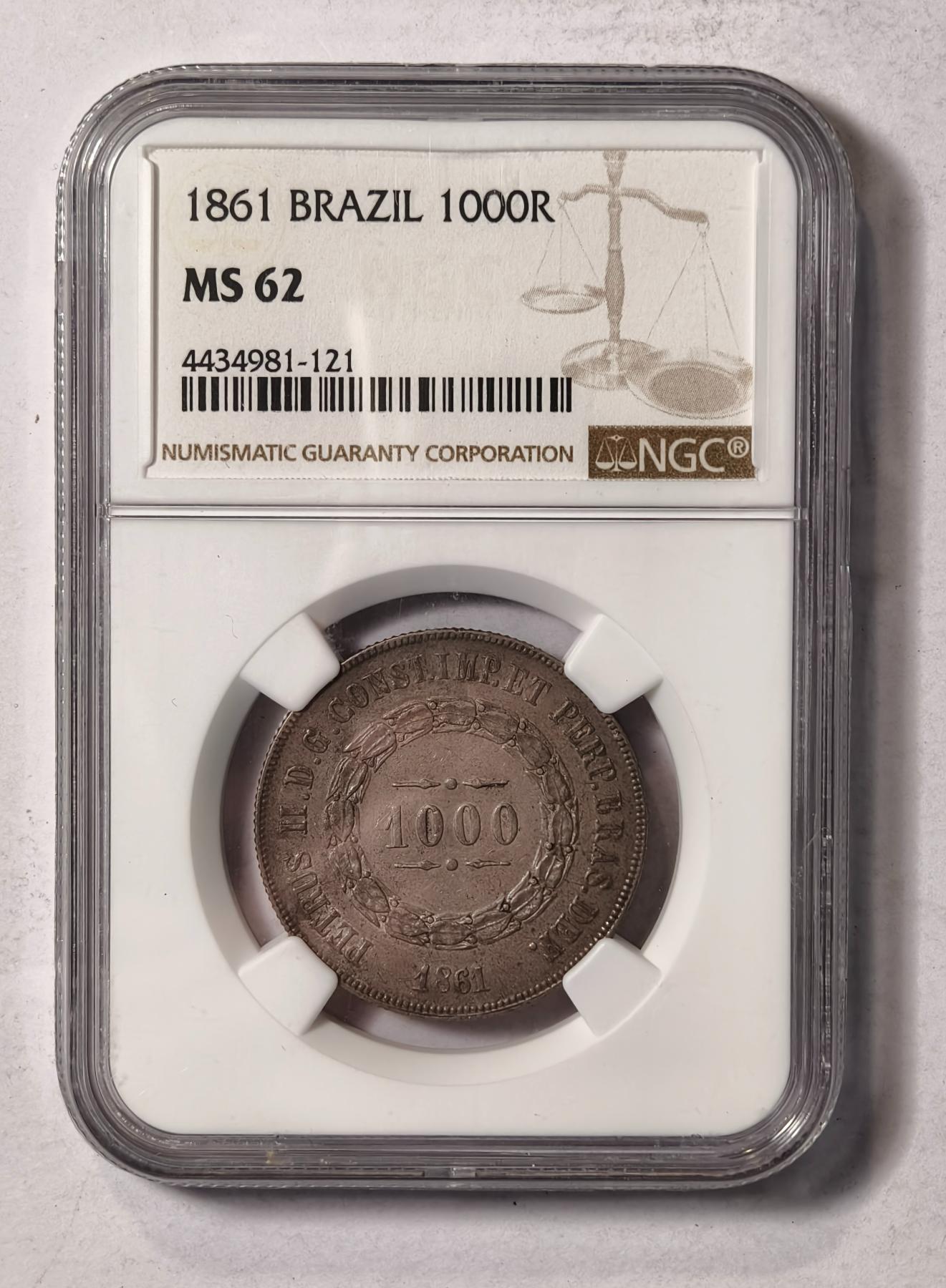 紫瑗钱币——第346期拍卖 巴西帝国 1861年 盾徽 1000瑞尔 银币 NGC MS62 老藏家包浆