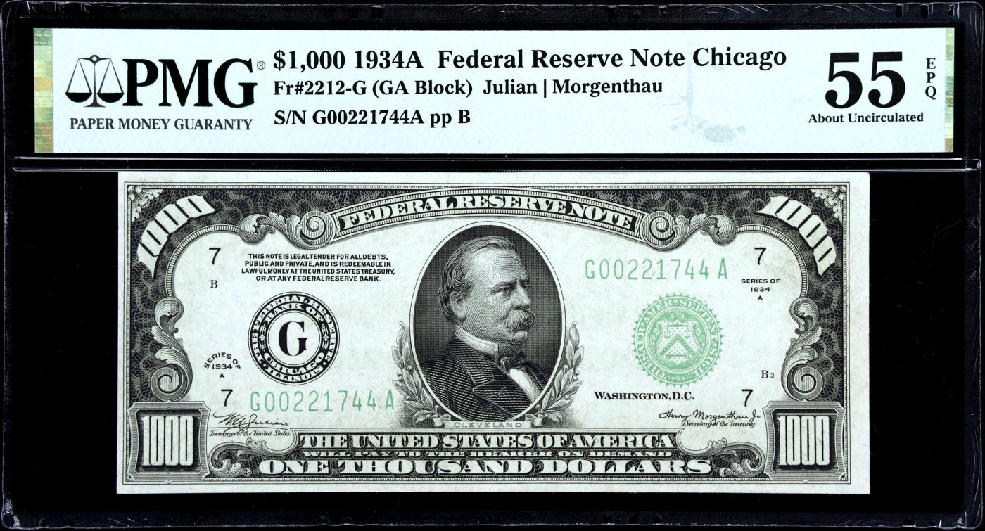 【Blue Auction】✨世界纸币精拍第473期【精】   【持续升值品种】美国 1934年1000美金 PMG55EPQ 原票状态佳 普通玩家可收藏的最高面值美金 永久可兑换非常保值 芝加哥版 正面人像克利夫兰（1837-1908）是美国历史上唯一一位两度当选且任期不连续的总统（第22和24任）当时一辆车也就小几百美金 该面值购买力爆炸（1934年1月罗斯福政府通过了《黄金储备法案》，禁止私人储藏黄金，1盎司黄金=35美元，发行高面额纸币来回收黄金）