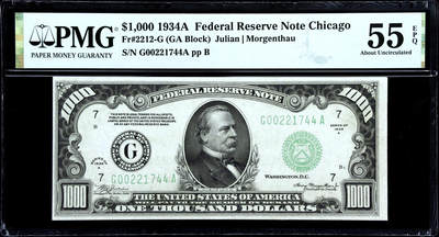 【Blue Auction】✨世界纸币精拍第473期【精】 -   【持续升值品种】美国 1934年1000美金 PMG55EPQ 原票状态佳 普通玩家可收藏的最高面值美金 永久可兑换非常保值 芝加哥版 正面人像克利夫兰（1837-1908）是美国历史上唯一一位两度当选且任期不连续的总统（第22和24任）当时一辆车也就小几百美金 该面值购买力爆炸（1934年1月罗斯福政府通过了《黄金储备法案》，禁止私人储藏黄金，1盎司黄金=35美元，发行高面额纸币来回收黄金）
