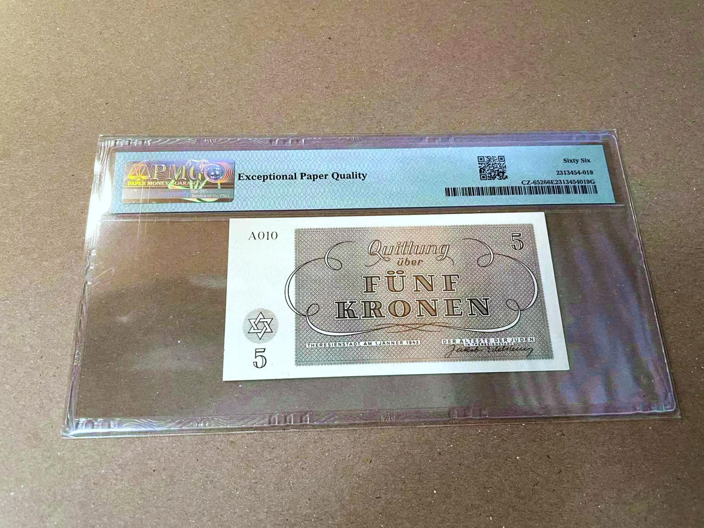 【Blue Auction】✨世界纸币精拍第473期【精】 德占捷克斯洛伐克 特雷津集中营 1943年5克朗 PMG66EPQ 
