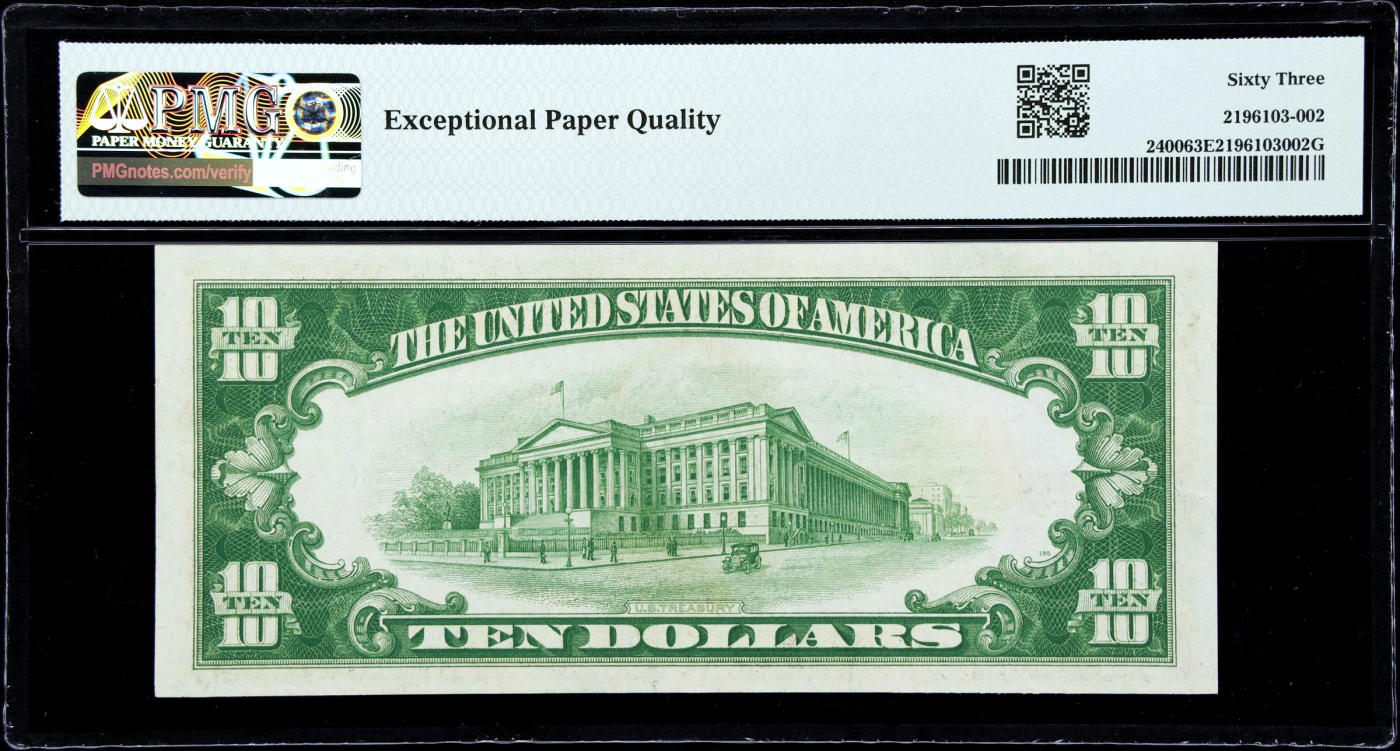 【Blue Auction】✨世界纸币精拍第473期【精】  【AA冠 升值品种】美国 1928年10美金 黄金券 汉密尔顿 PMG63EPQ 全新原票 票面硬挺 状态非常好 值得收藏  
