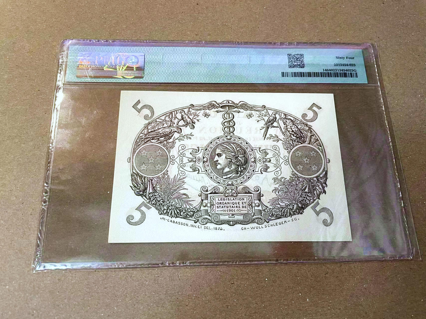 【Blue Auction】✨世界纸币精拍第473期【精】 【无47】留尼旺早期 1901年5法郎 PMG64 当地风土人情 克劳斯仅给出了XF的参考价 可见UNC的稀缺性