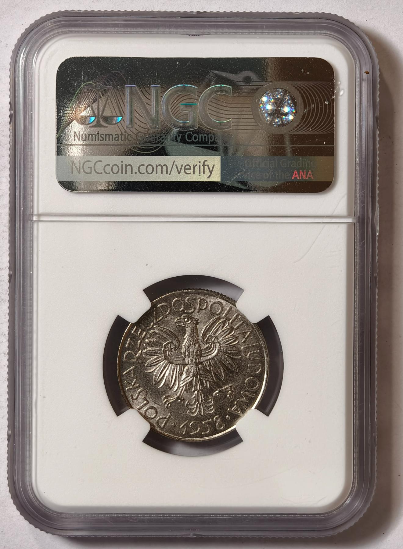 紫瑗钱币——第346期拍卖 波兰 1958年 双鸽样币 1兹罗提 镍币 NGC MS63 (KM P-220a)