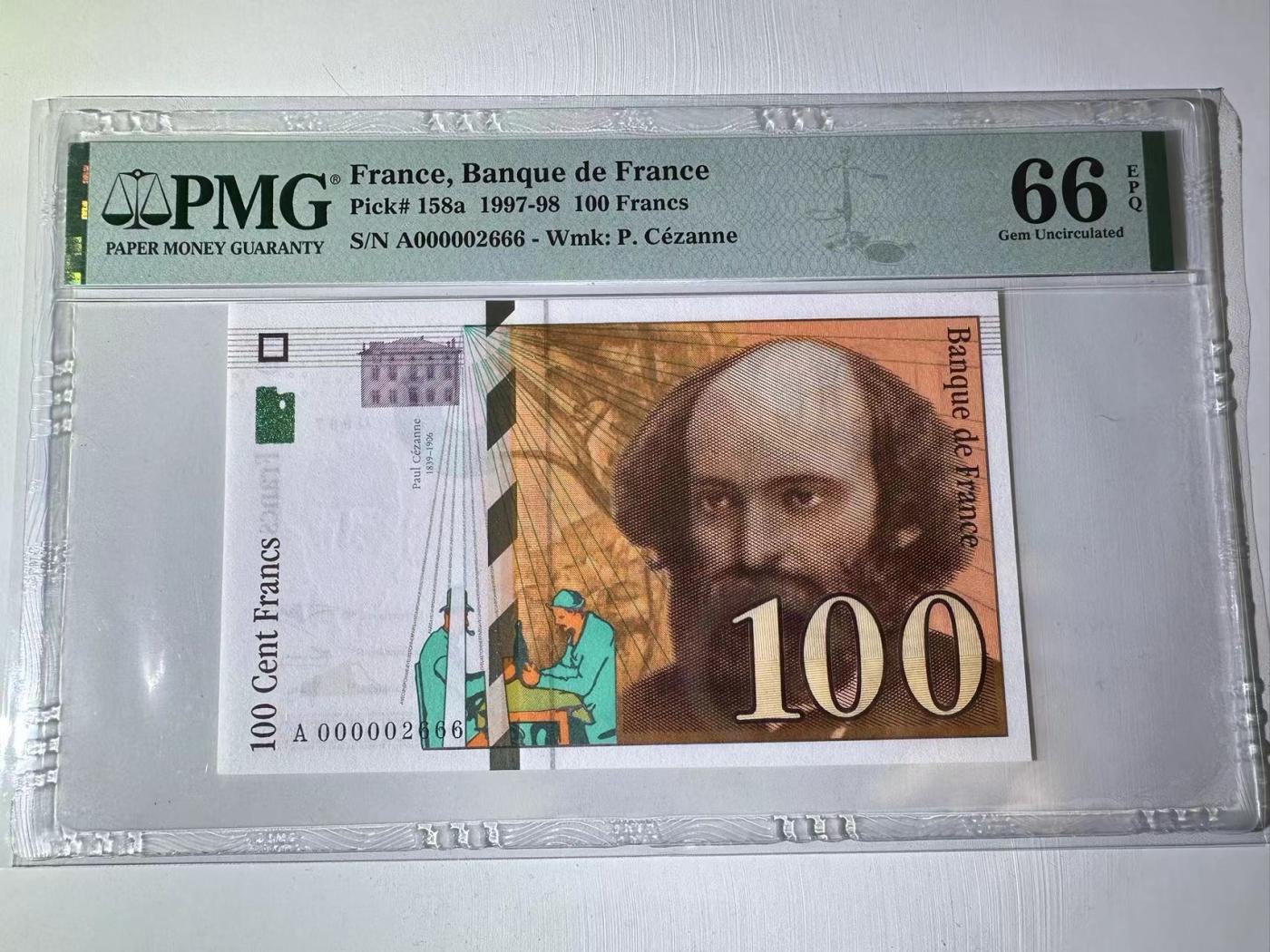 【Blue Auction】✨世界纸币精拍第473期【精】 【A冠千位小号 666豹子号无47】法国 1997年100法郎 PMG66EPQ 