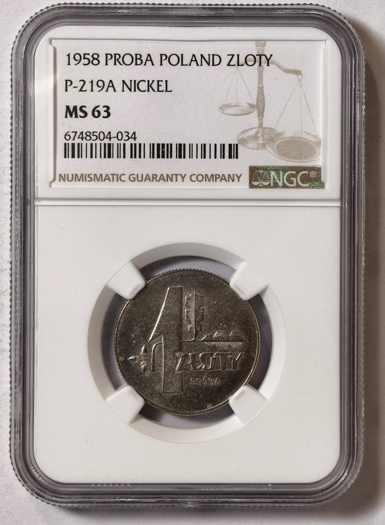 紫瑗钱币——第346期拍卖 波兰 1958年 橡树样币 1兹罗提 镍币 NGC MS63 (KM P-219a)
