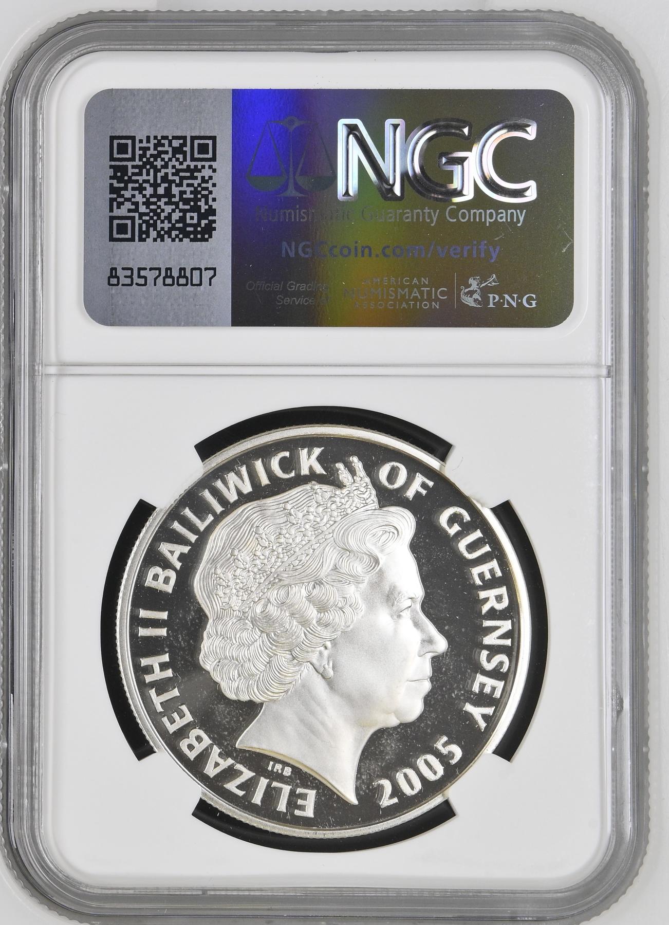 长老汇龙年精选第四场 2005根西二战结束60周年5镑精制银币，NGC PF67UC，唯一亚军分，更高分仅有1枚 