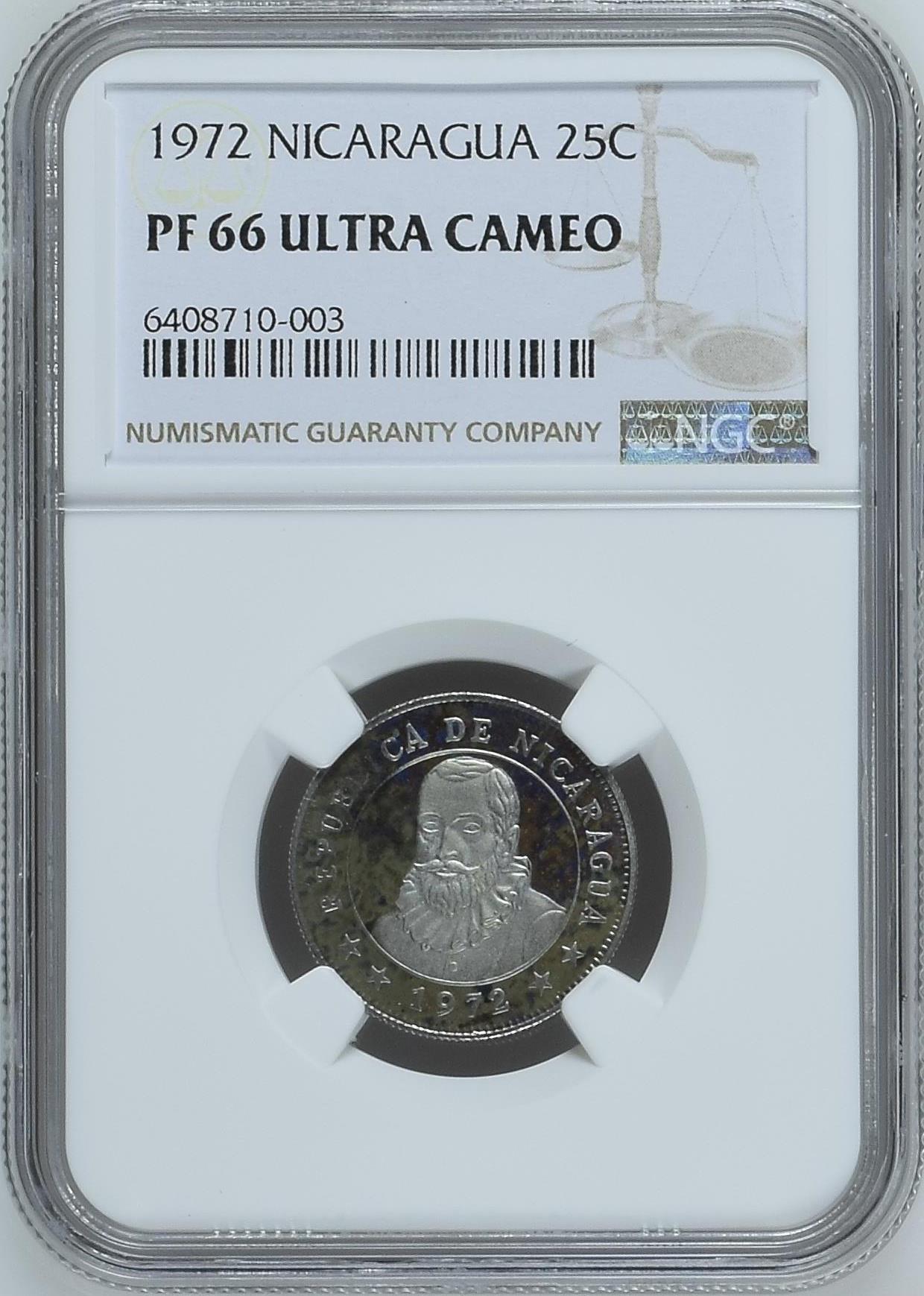 长老汇龙年精选第四场 1972 尼加拉瓜25分精制镍币，NGC PF66UC，更高分仅有11枚