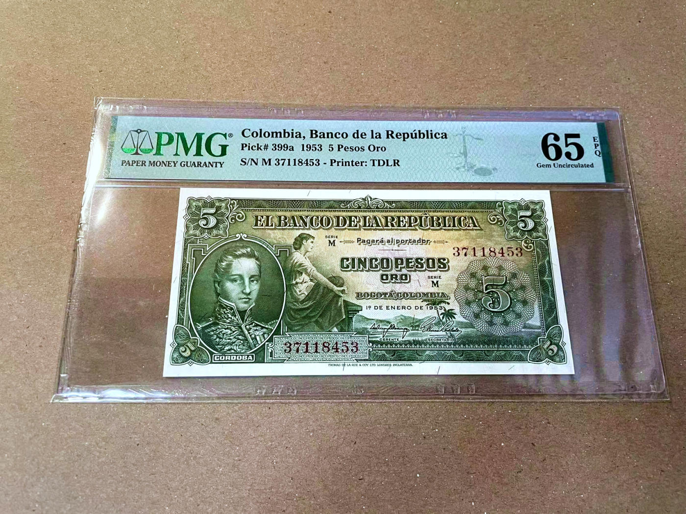 【Blue Auction】✨世界纸币精拍第473期【精】 哥伦比亚 1953年5比索 PMG65EPQ 