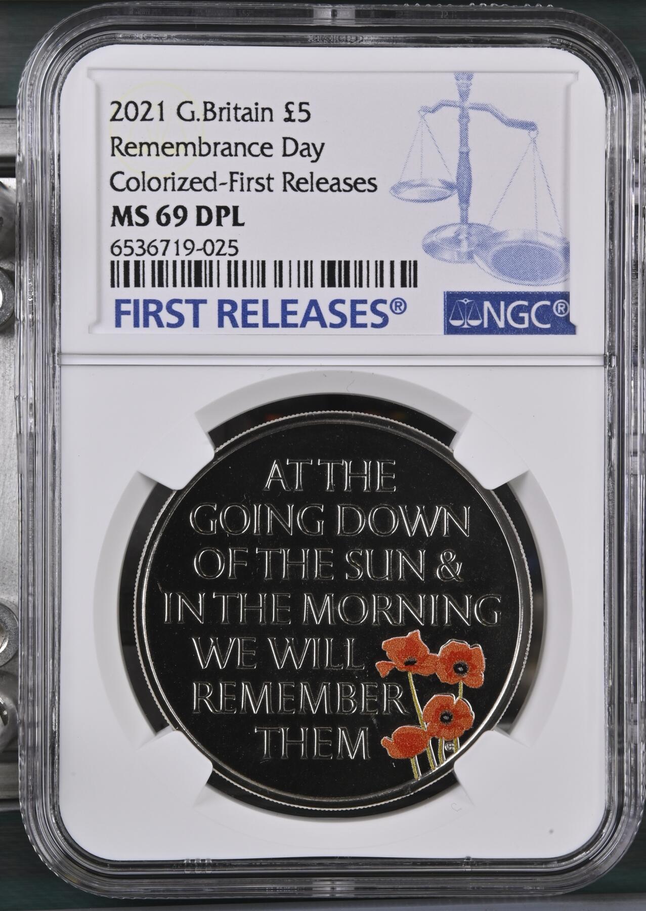 长老汇龙年精选第四场 2021 英国死难烈士纪念日5英镑类精制彩色铜镍币，NGC MS69DPL，更高分仅有7枚，首期标 