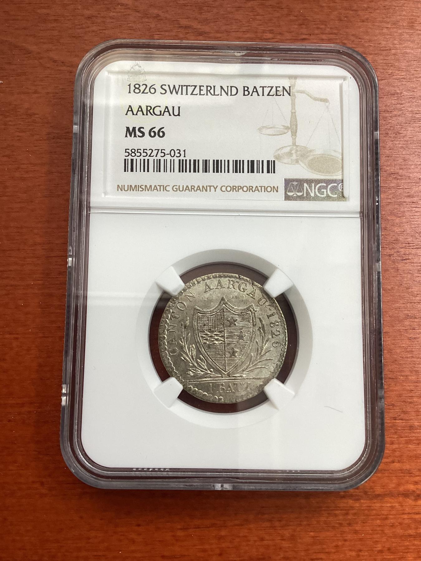 长老汇龙年精选第四场 1826  瑞士阿尔高1巴赞银币，NGC MS66分，季军分，更高分仅有23枚，官网参考价65分125美金