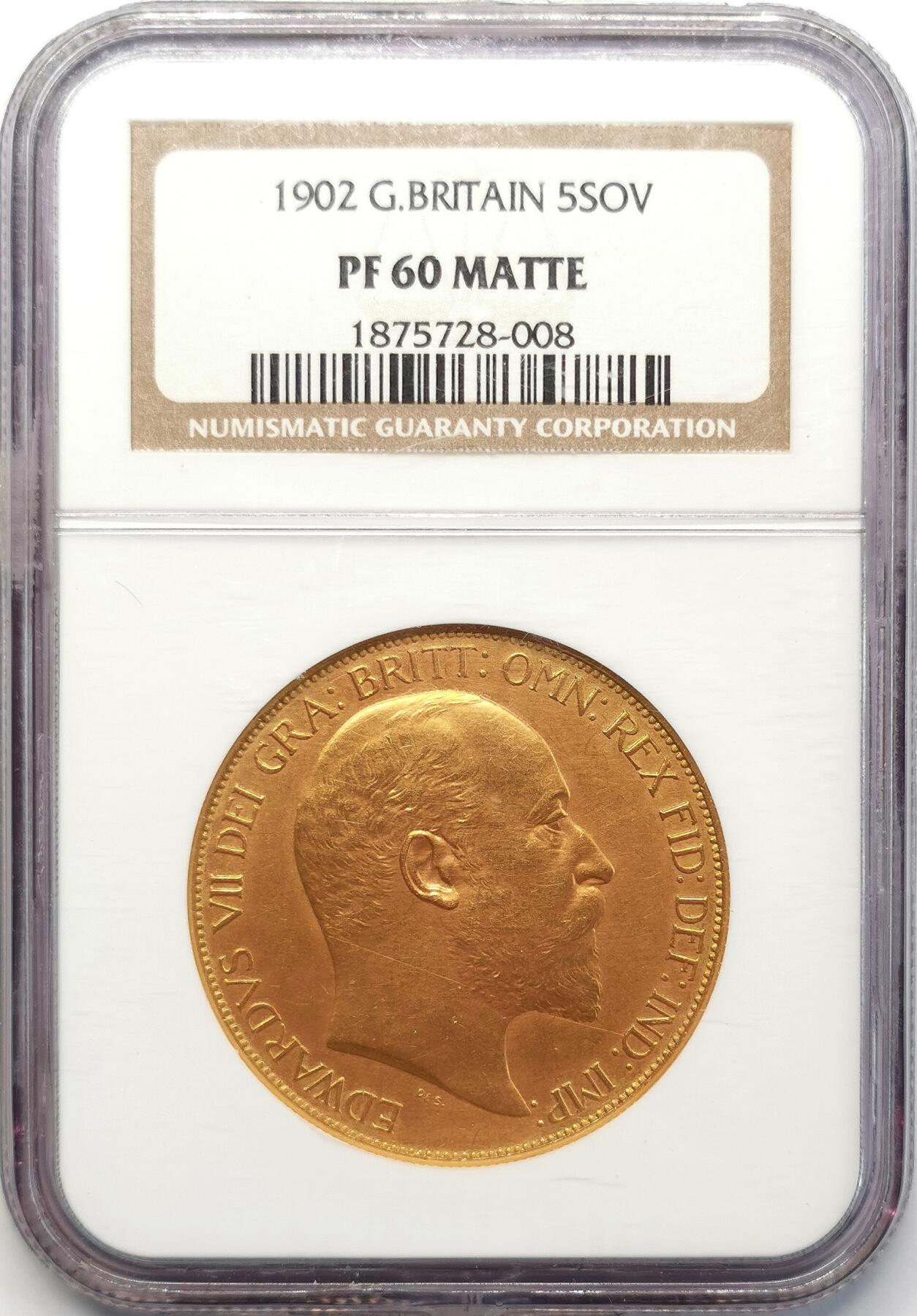凡希社世界钱币微拍第二百六十八期 1902英国爱德华七世5索维林金币NGC-PF60Matte，金色纯正，39.94g，917金