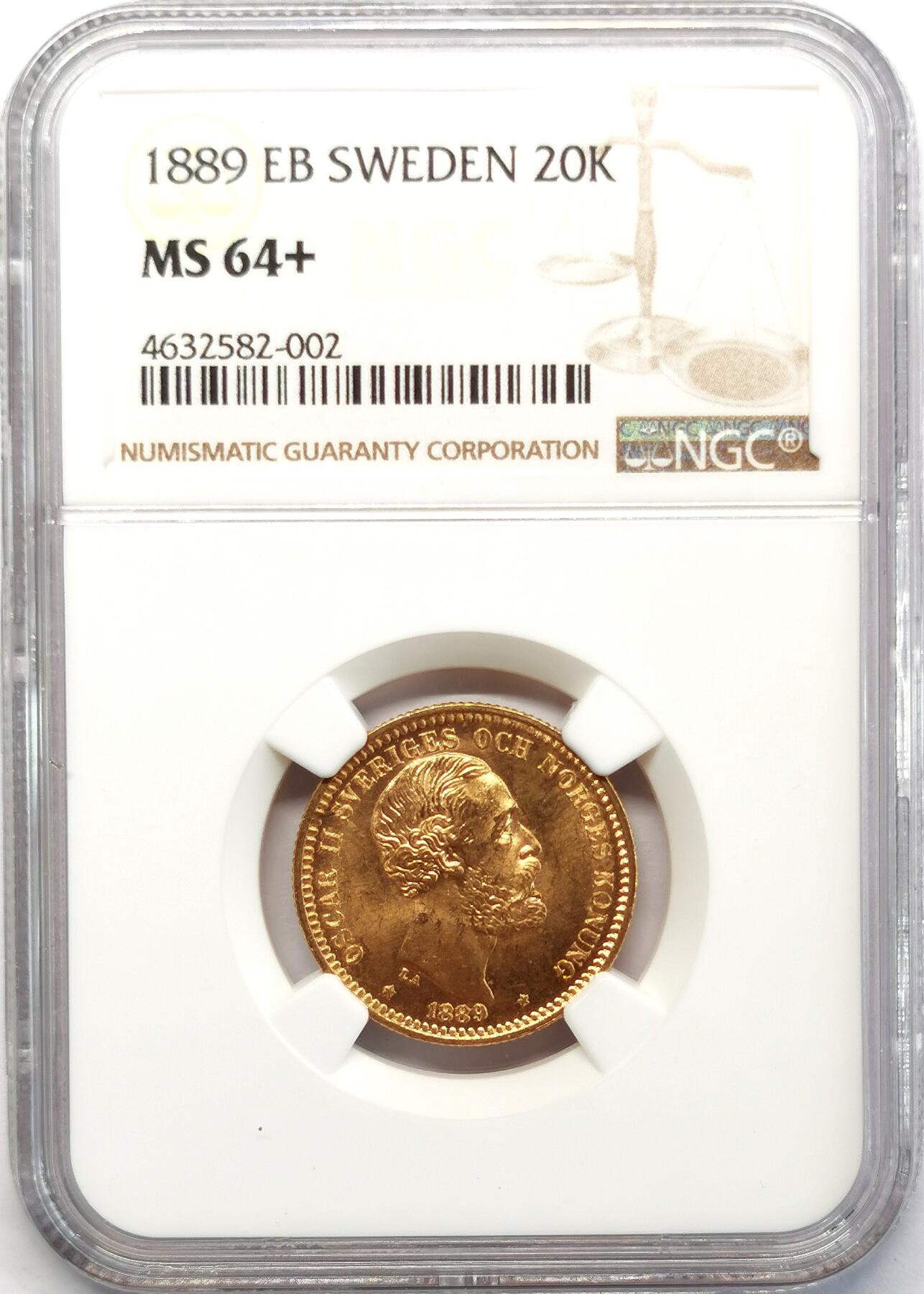 凡希社世界钱币微拍第二百六十八期 1889EB瑞典奥斯卡二世20克朗金币NGC-MS64+，8.96g，900金。
