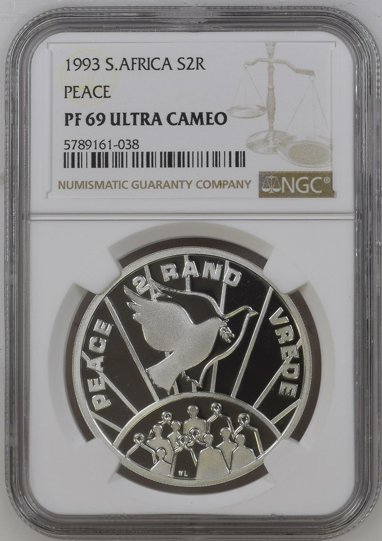 长老汇龙年精选第四场 1993 南非和平鸽2朗德精制银币，NGC PF69UC，亚军分，更高分仅有4枚，发行量5628枚