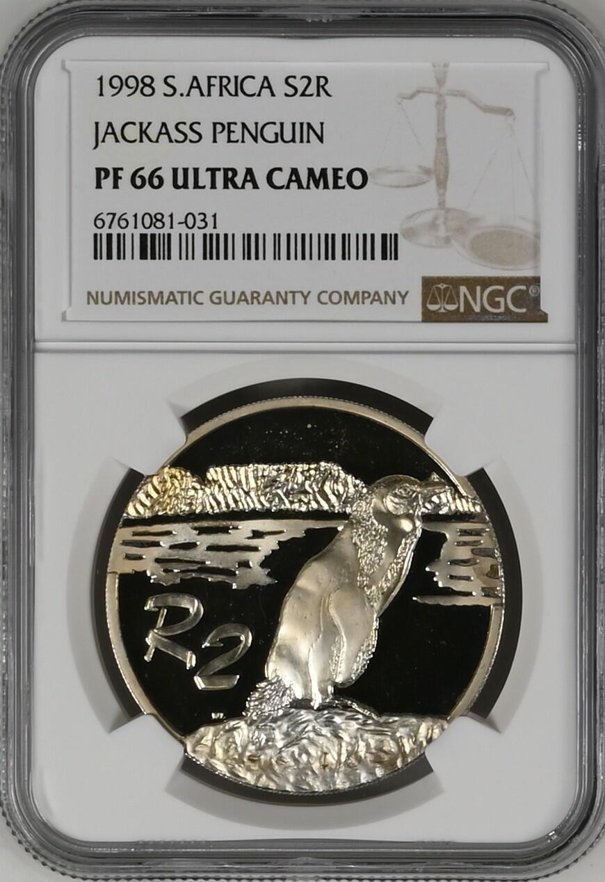 长老汇龙年精选第四场 1998 南非非洲企鹅2朗德精制银币，NGC PF66UC，发行量2053枚