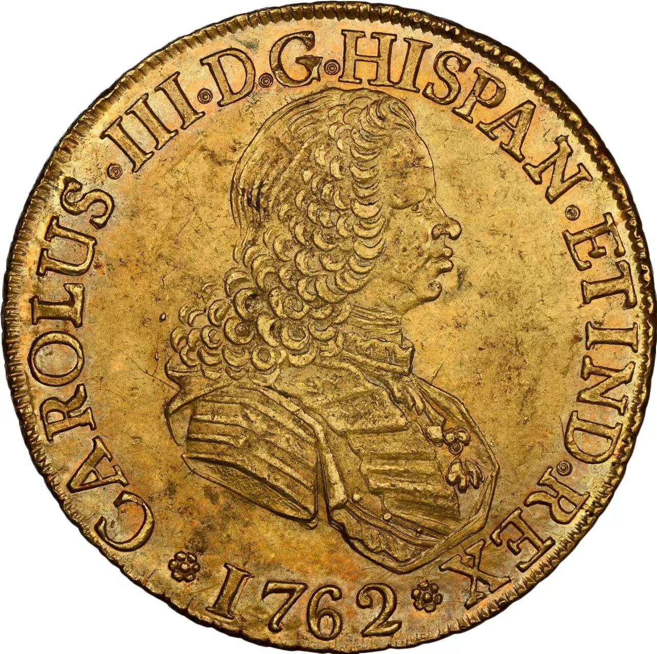 NGC评级AU58第三名1762年智利圣地亚哥8埃斯库多大金币