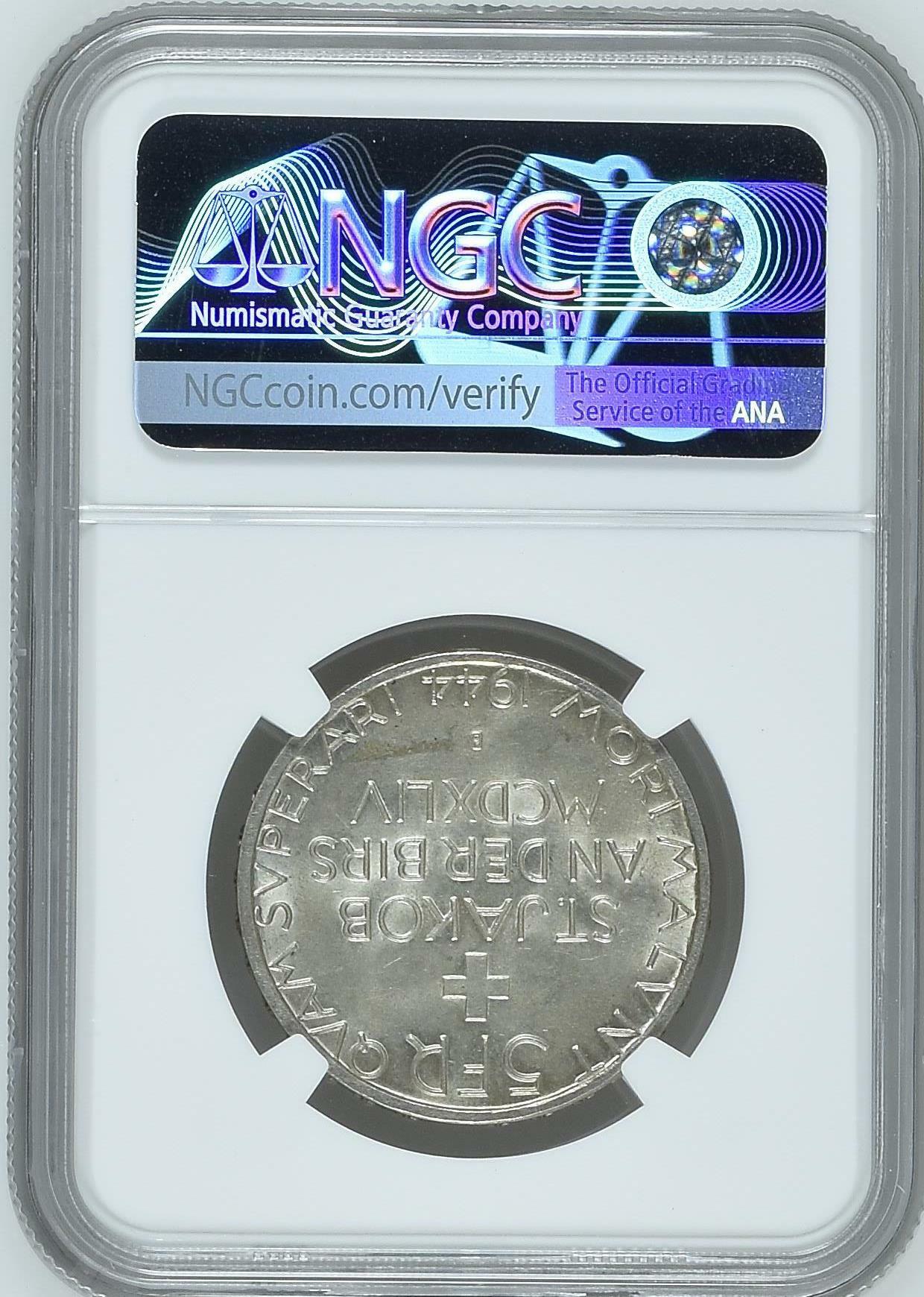 长老汇龙年精选第四场 1944B 瑞士圣雅克布战役纪念5法郎银币，NGC MS63分