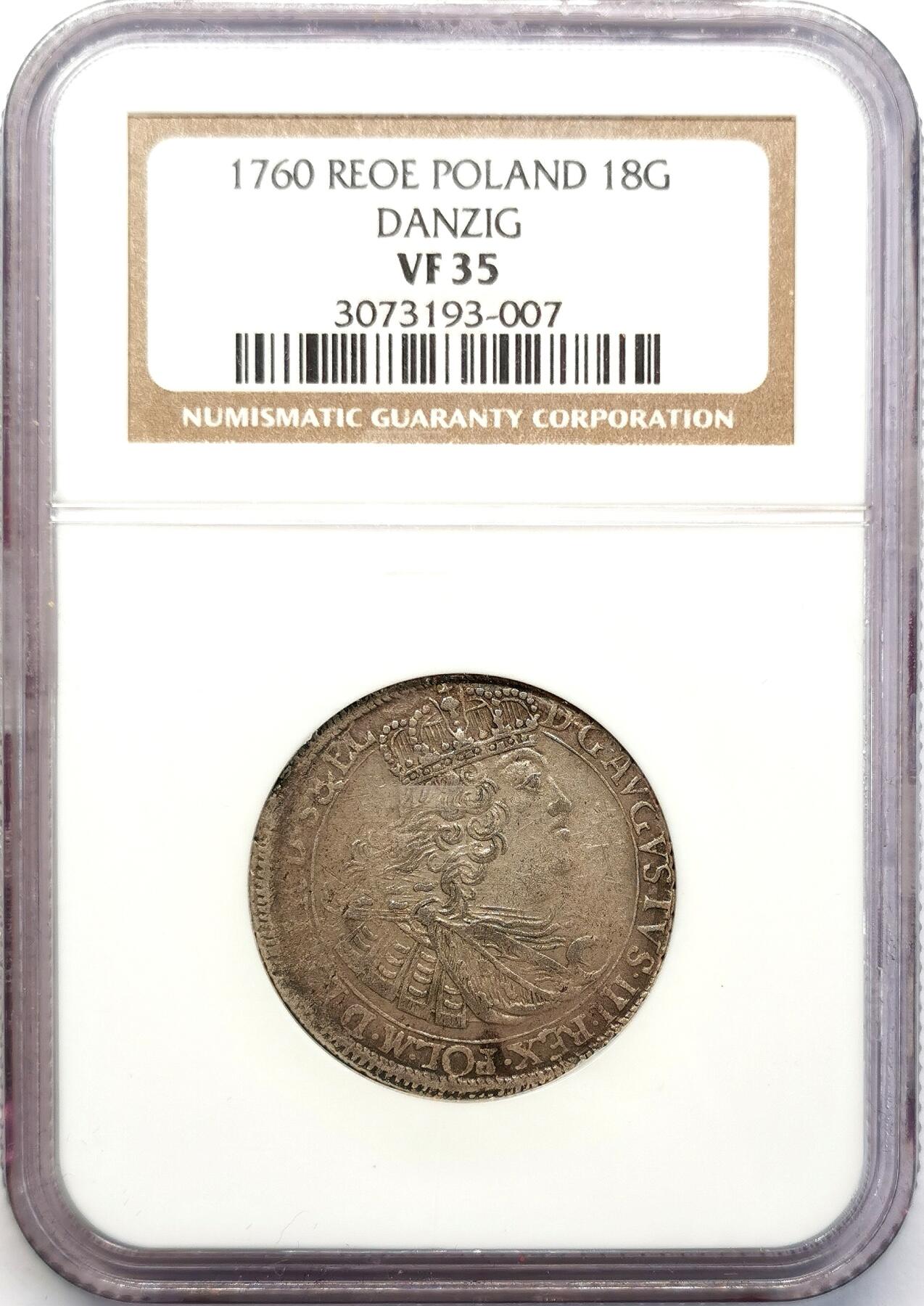 凡希社世界钱币微拍第二百六十八期 1760波兰但泽奥古斯特三世18格罗希银币NGC-VF35