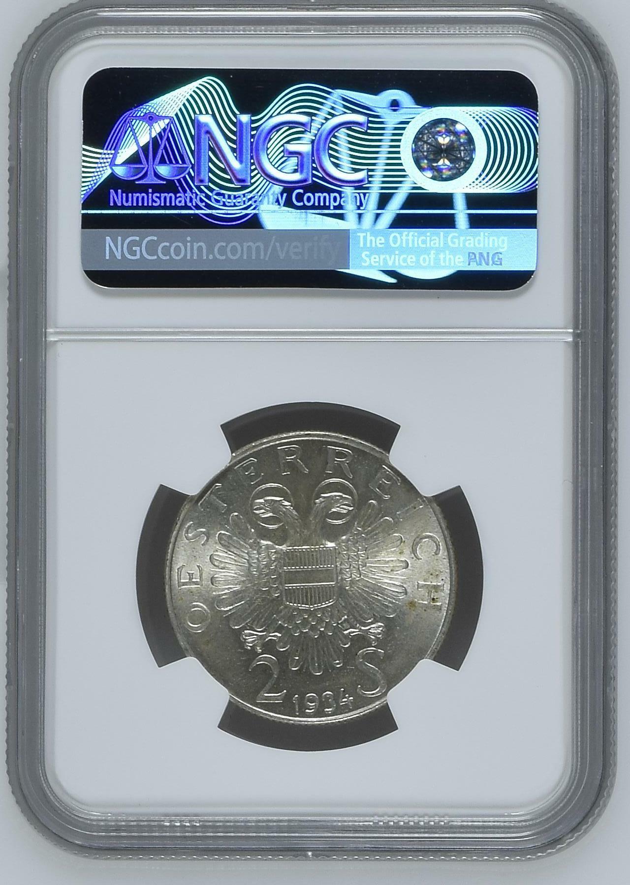 长老汇龙年精选第四场 1934 奥地利总理德福斯博士2先令银币，NGC MS64分，季军分，更高分仅有3枚