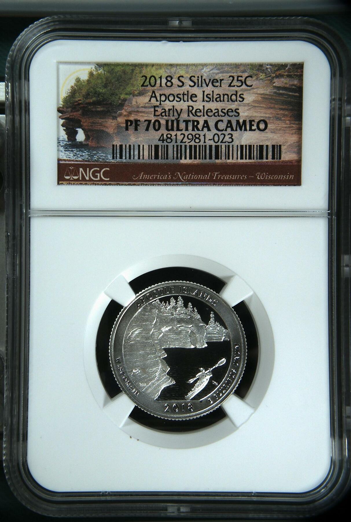 长老汇龙年精选第四场 2018 S 美国门徒群岛25美分精制银币，NGC PF70UC，首日标