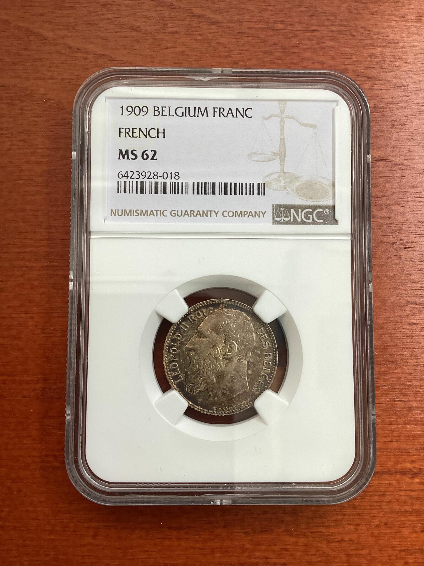 长老汇龙年精选第四场 1909比利时利奥波德二世1法郎银币，NGC MS62分，法语版， 更高分仅有2枚