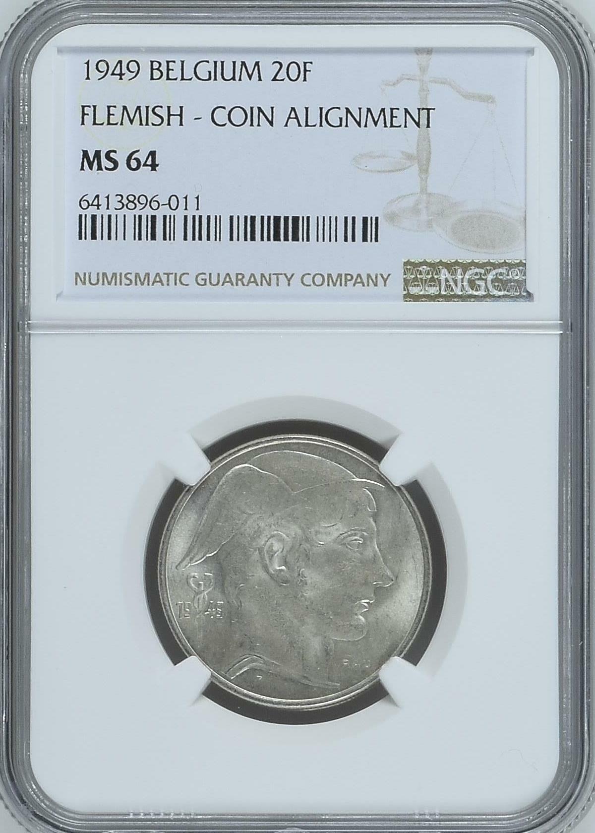 长老汇龙年精选第四场 1949 比利时商业神20法郎银币，NGC MS64分，弗莱芒语，唯一冠军分
