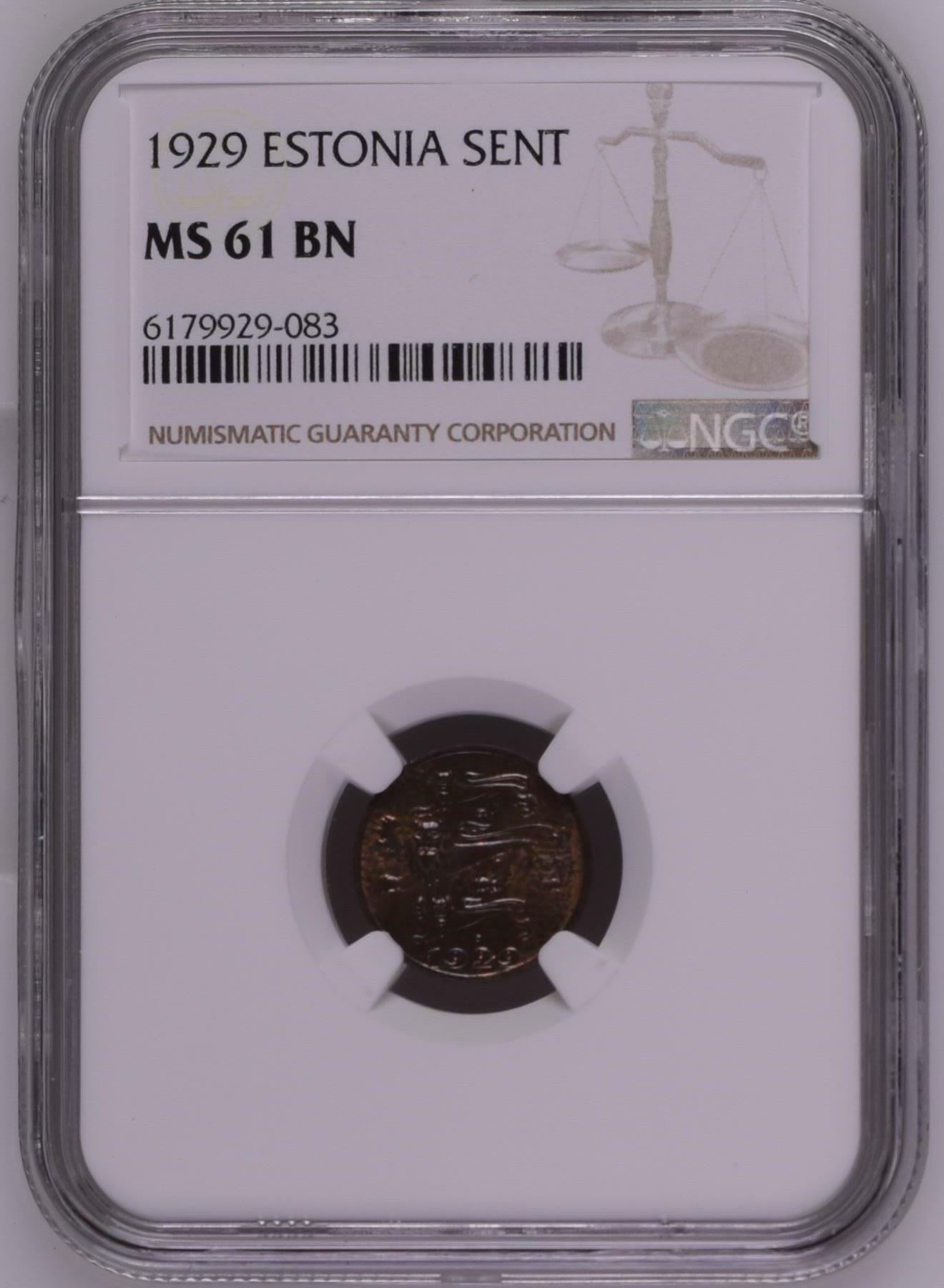 长老汇龙年精选第四场 1929 爱沙尼亚三狮1生地铜币，NGC MS61BN，可爱的小狮子