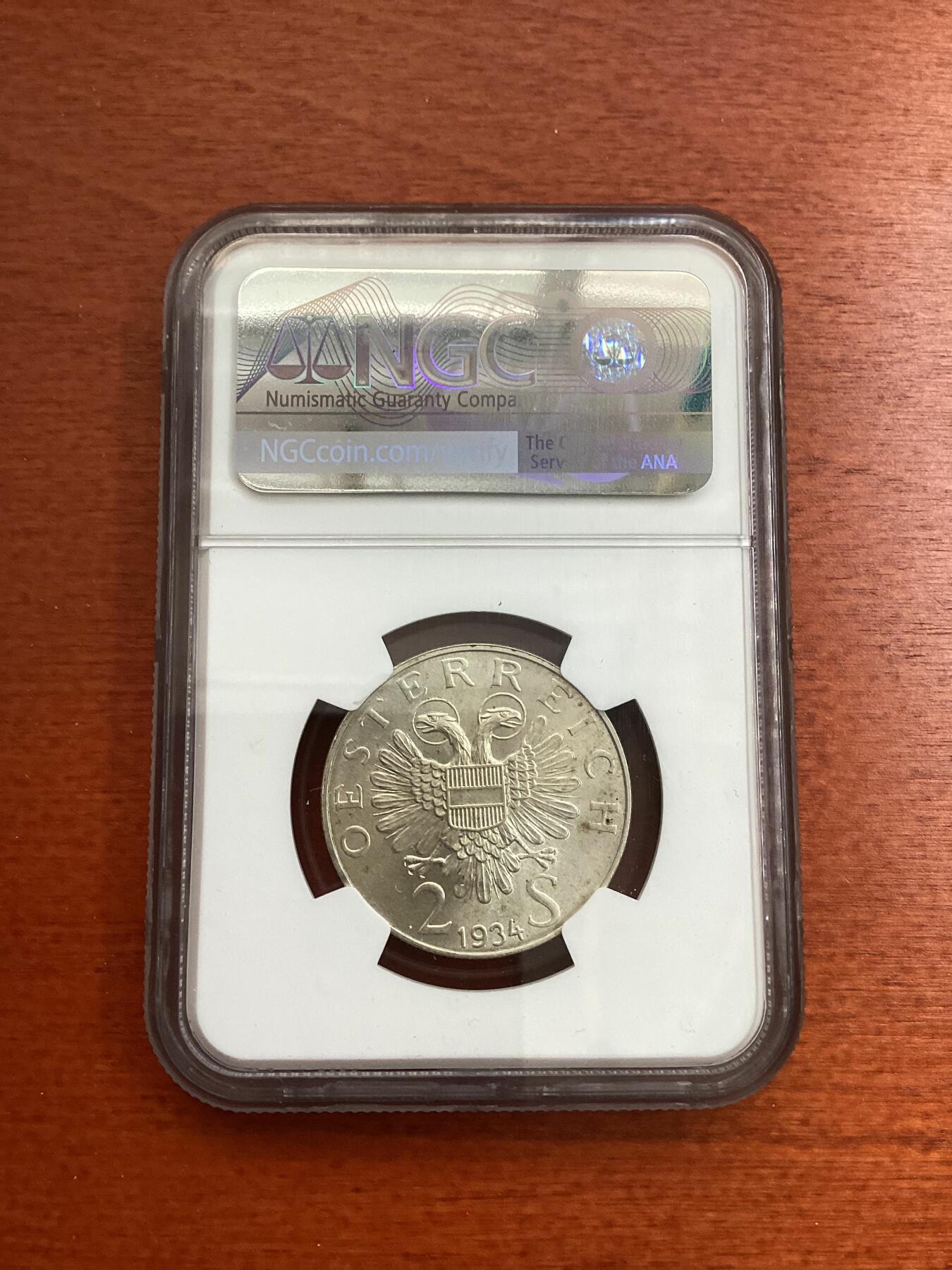 长老汇龙年精选第四场 1934 奥地利总理德福斯博士2先令银币，NGC MS64分，季军分，更高分仅有3枚
