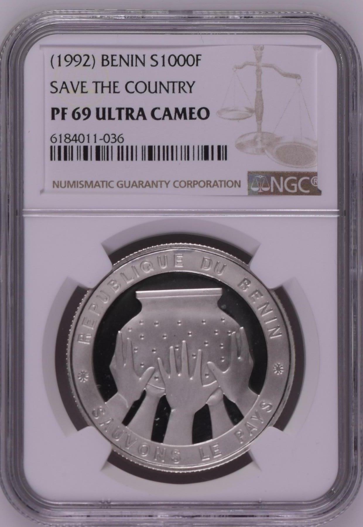 长老汇龙年精选第四场 (1992) 贝宁挽救国家1000法郎精制银币，NGC PF69UC，唯二冠军分，发行量1000枚