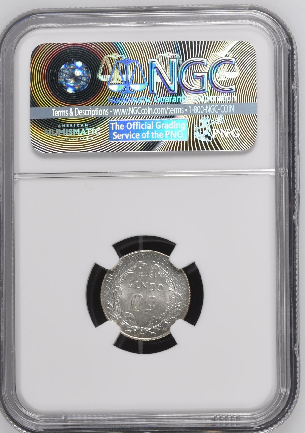 长老汇龙年精选第四场 1912 比利时50分银币，NGC MS64+，法语版，唯一冠军分