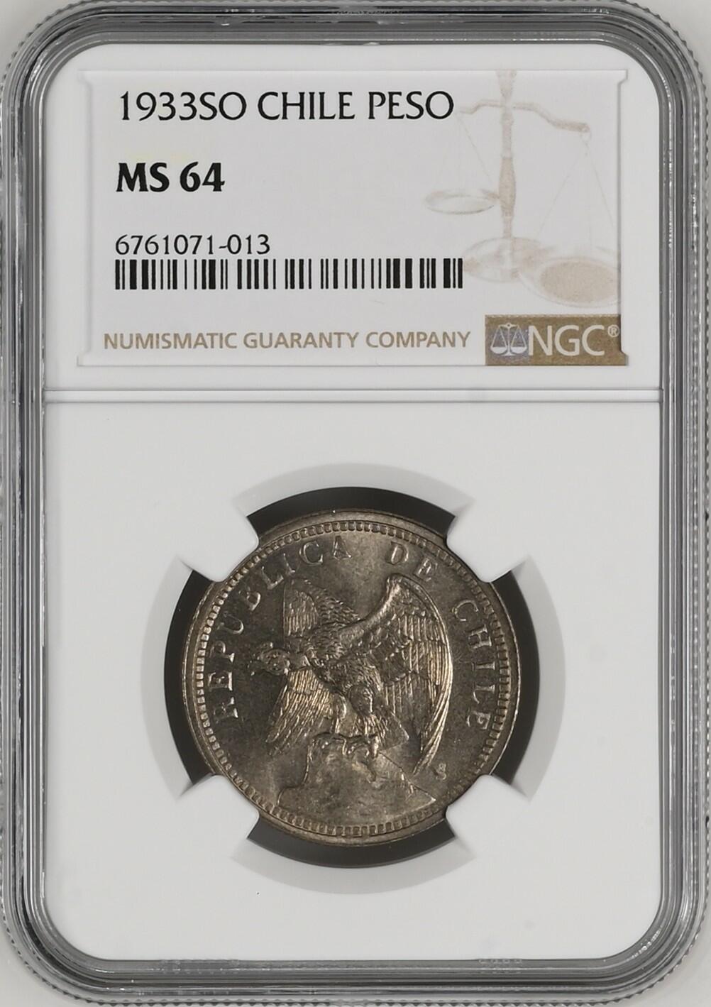 长老汇龙年精选第四场 1933SO 智利展翅雄鹰1比索镍币，NGC MS64分，法国雕刻大师罗缇作品