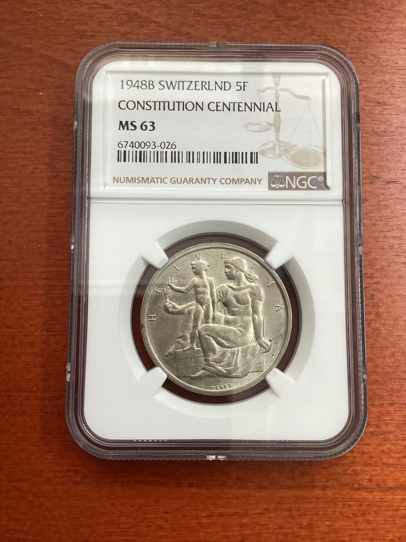长老汇龙年精选第四场 1948B 瑞士宪法百年5法郎银币，NGC MS63分