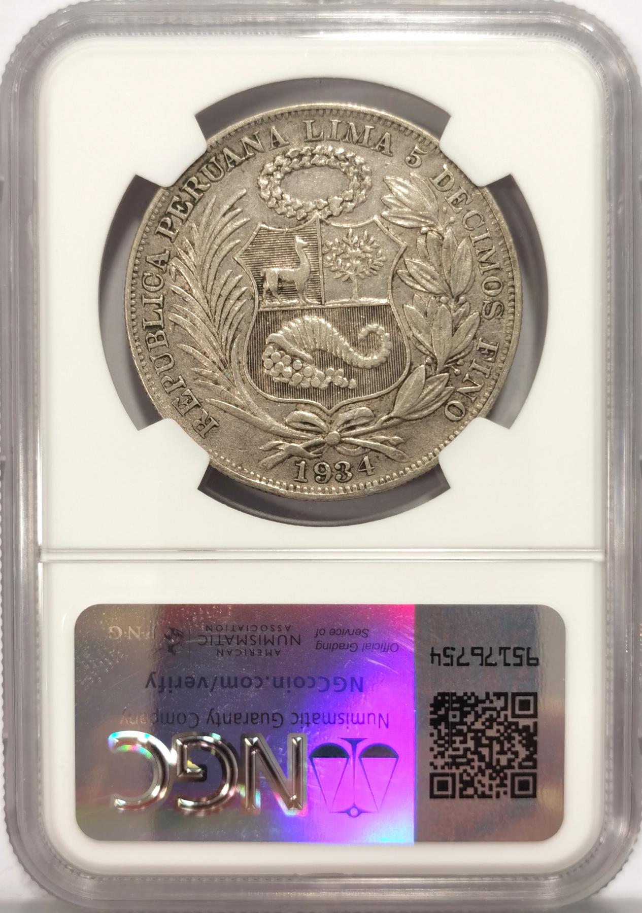 博洋堂世界钱币拍卖第087期（全场包邮） NGC XF45 秘鲁1934年坐人自由女神1索尔大银币